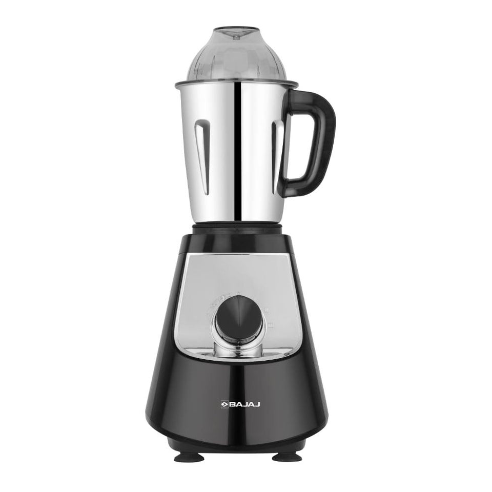Bajaj Military Series Evoque mixer grinder front view with steel jar on black base and speed knob