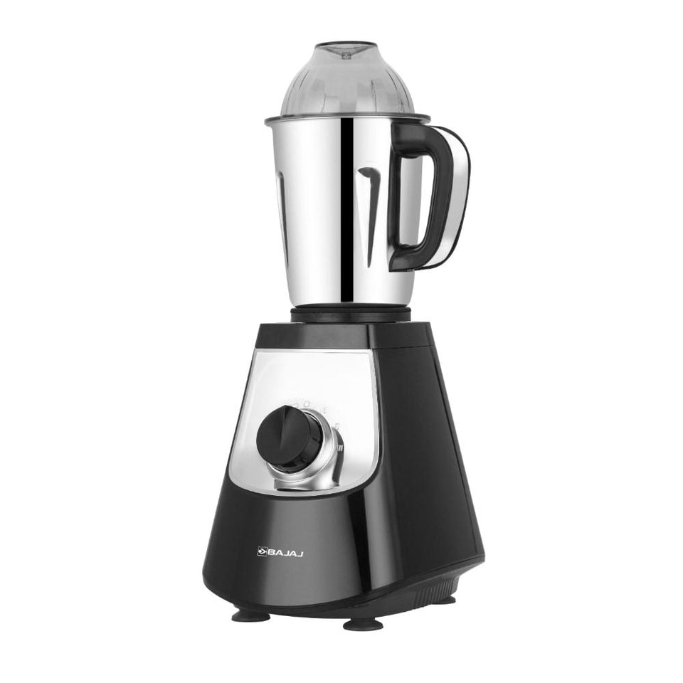 Bajaj Military Series Evoque mixer grinder base with a steel jar fitted, angled view showing the control knob