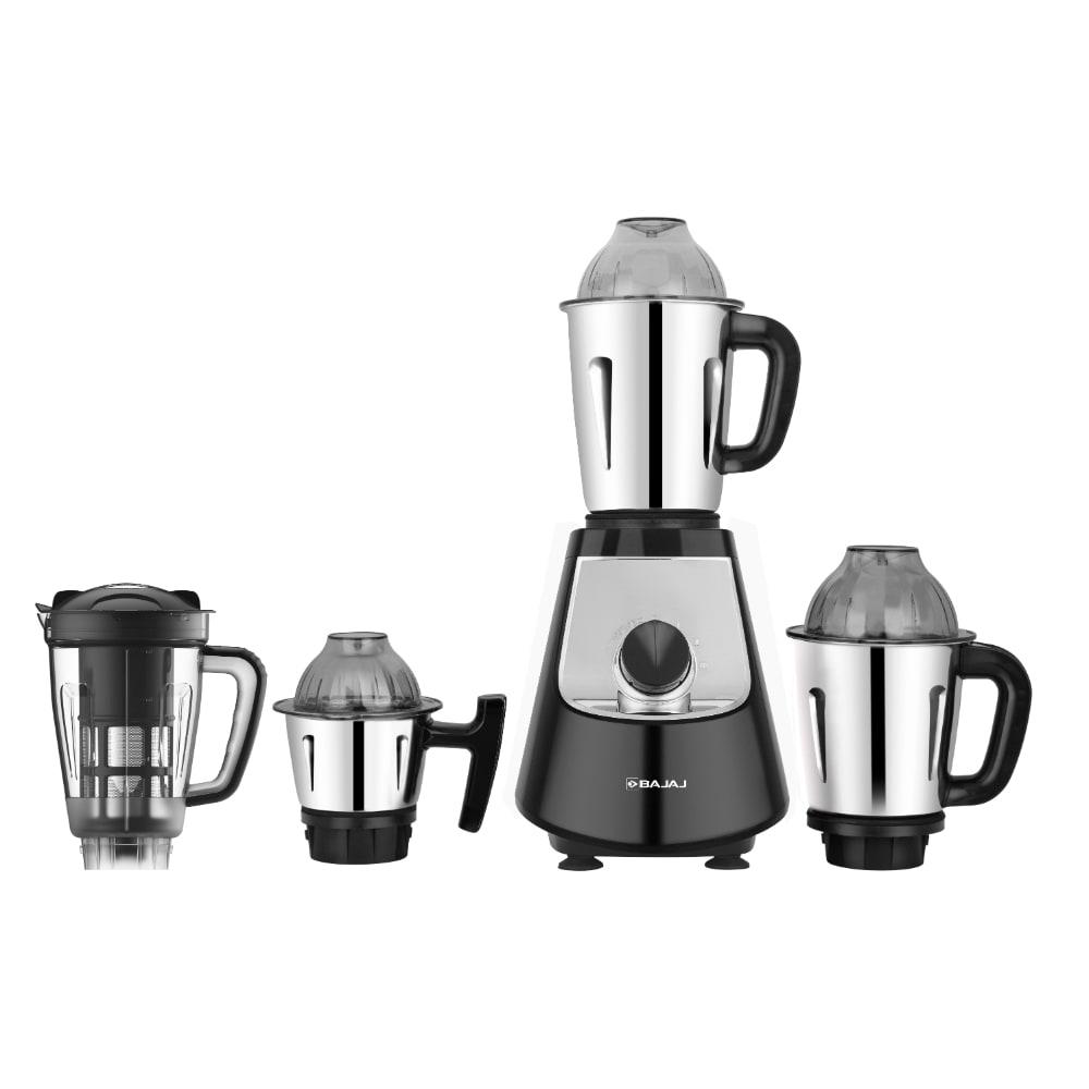 Bajaj Military Series Evoque mixer grinder base with three steel jars and one transparent jar, front view