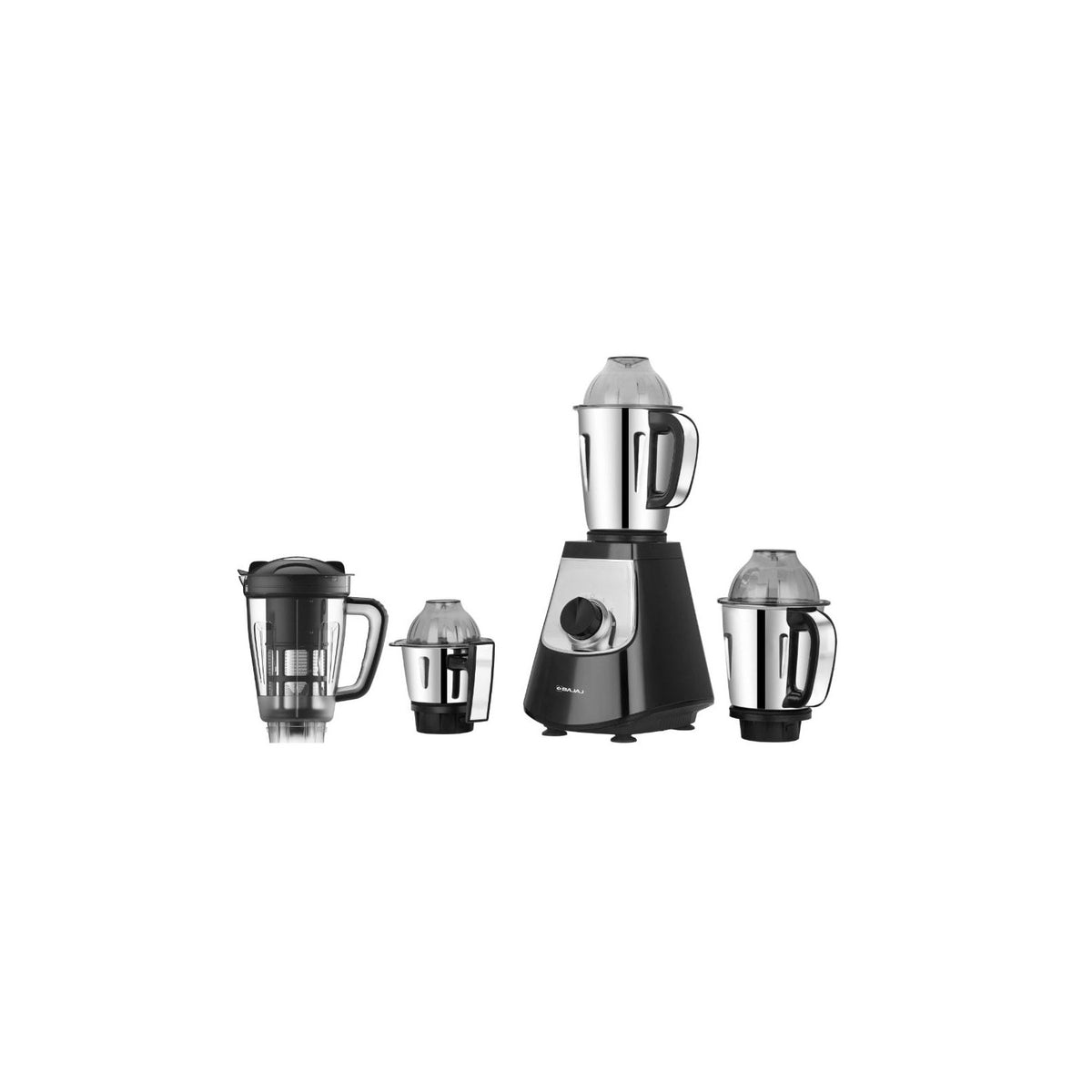 Bajaj Military Series Evoque 1000W mixer grinder with all four jars arranged around the black motor base
