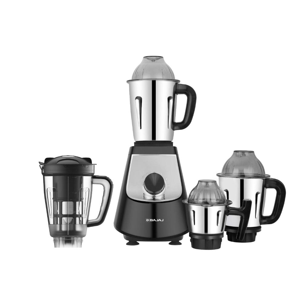 Bajaj Military Series Evoque 4 jar mixer grinder set with the motor base and jars displayed together