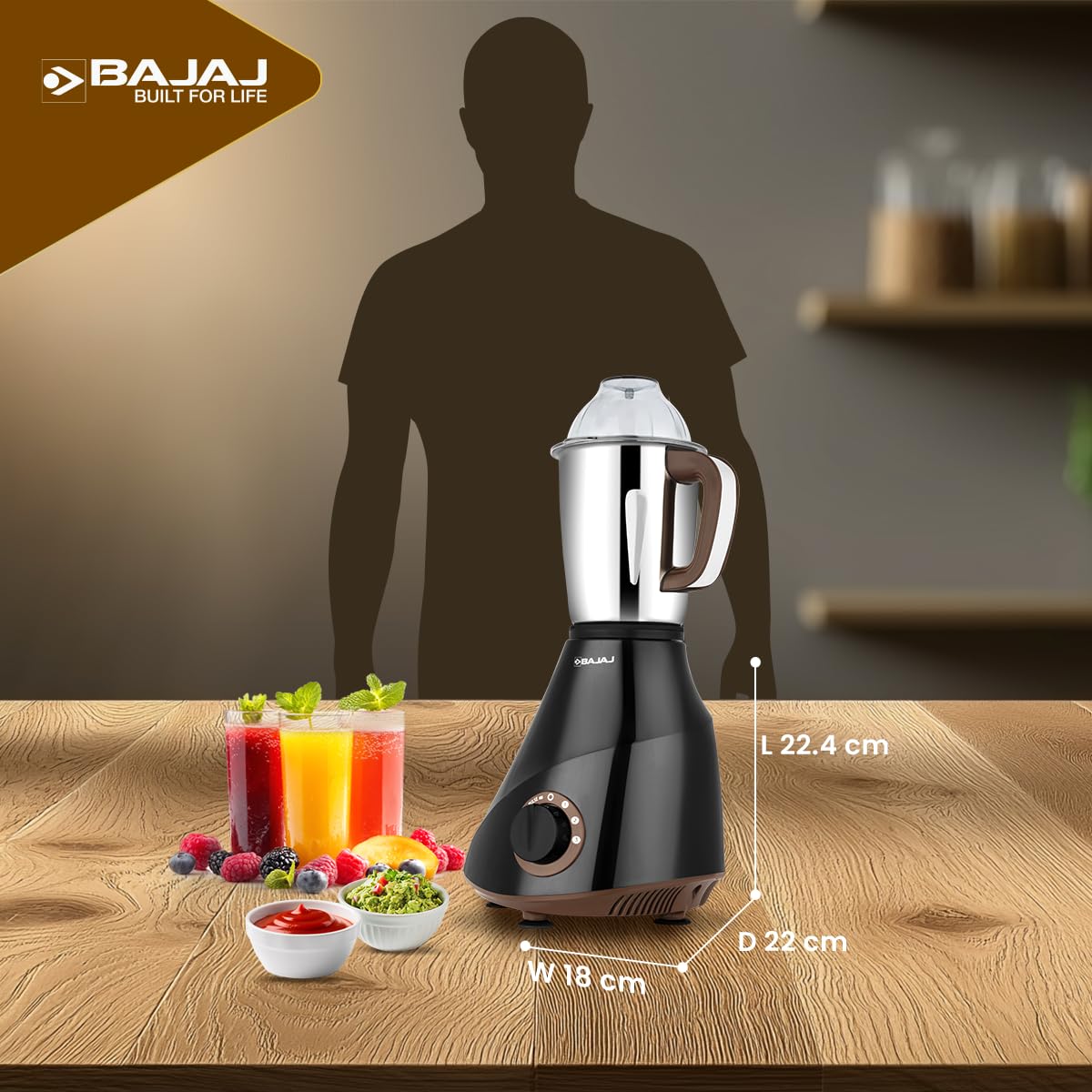 Bajaj 410635 QuadraMax mixer grinder base with a steel jar, showing height 22.4 cm, width 18 cm and depth 22 cm