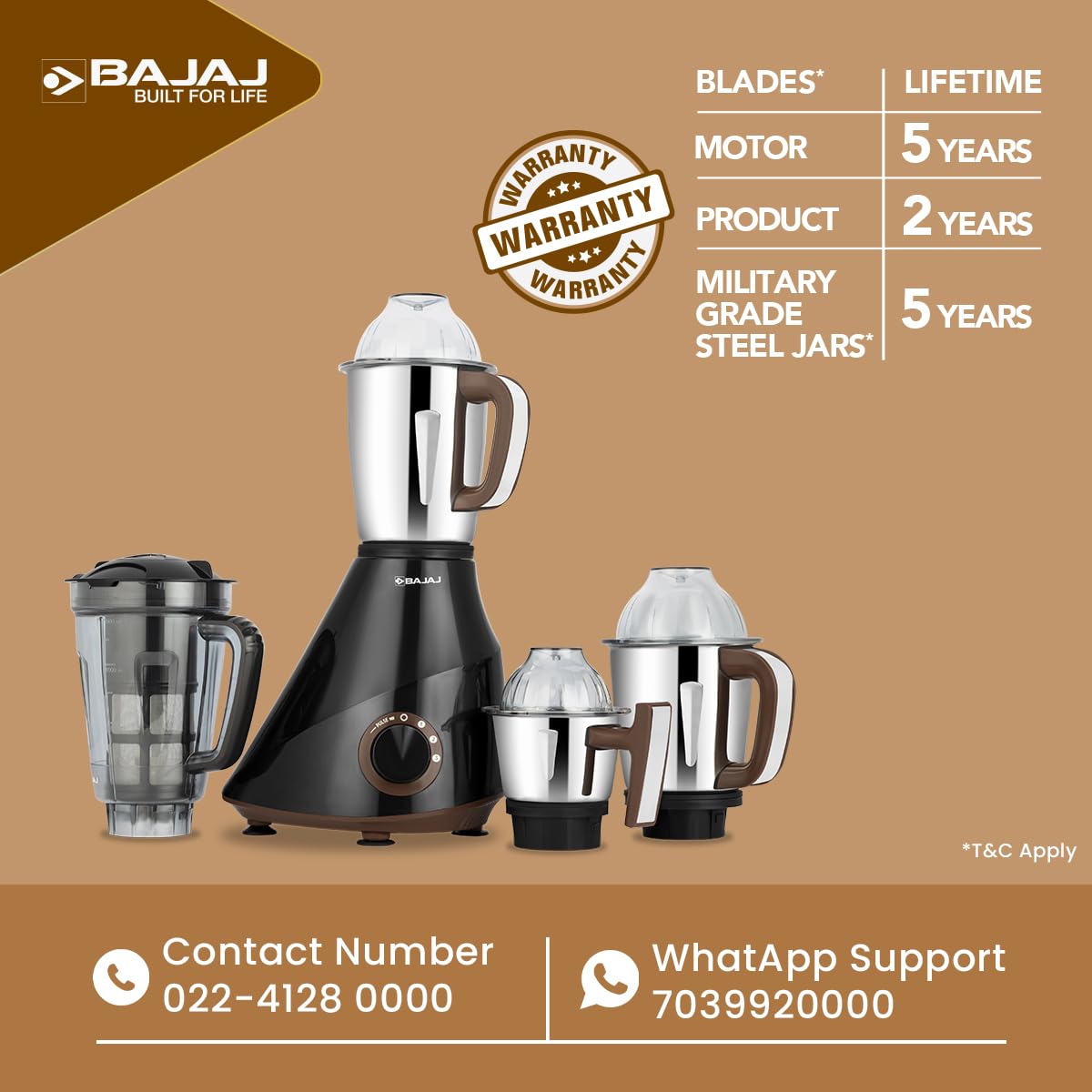 Bajaj 410635 QuadraMax mixer grinder with warranty details for blades, motor, product and steel jars