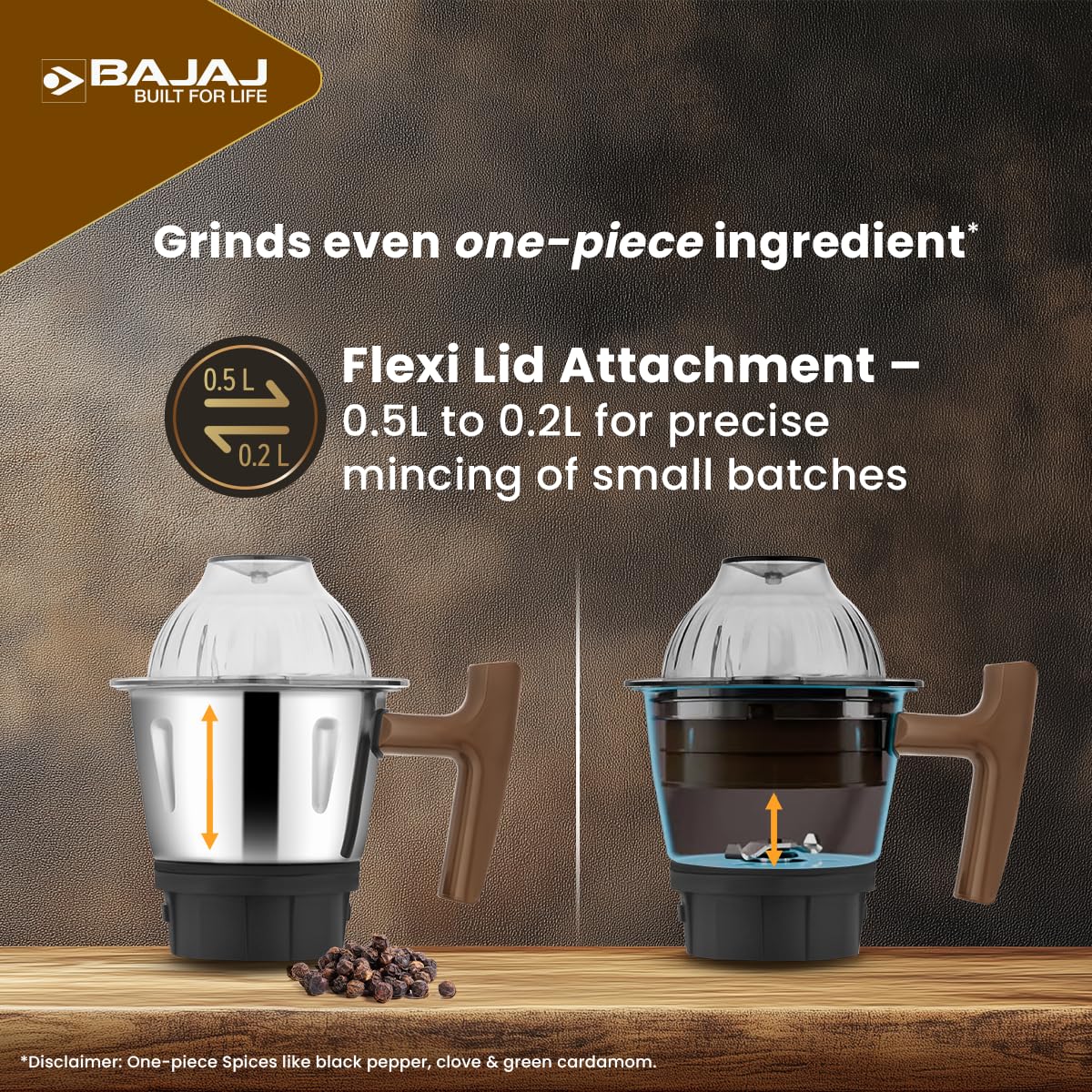 Bajaj 410635 chutney jar showing the Flexi-Lid attachment changing the jar from 0.5 L to 0.2 L for small batches