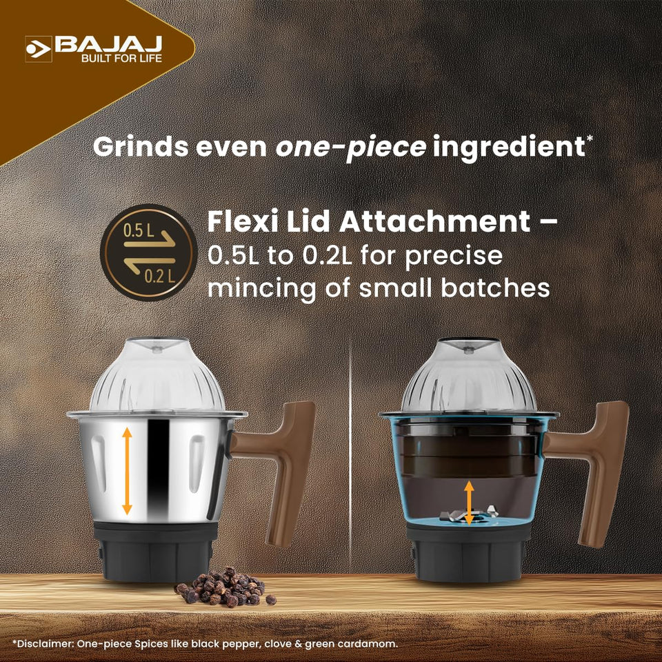Bajaj 410635 chutney jar showing the Flexi-Lid attachment changing the jar from 0.5 L to 0.2 L for small batches
