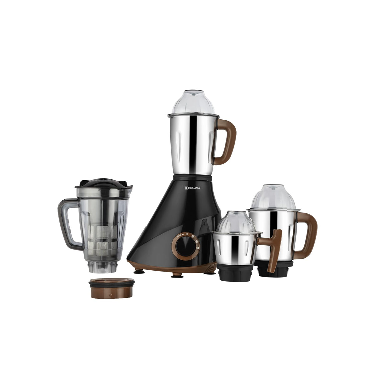 Bajaj 410635 Armor Series QuadraMax mixer grinder in black and chocolate with three steel jars, a juicer jar and an extra lid