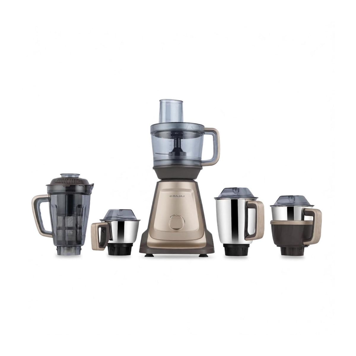 Bajaj Style Mix 1000W 5 Jar Mixer Grinder with motor base, food processor bowl, blender jar and three stainless steel jars in a champagne and brown finish
