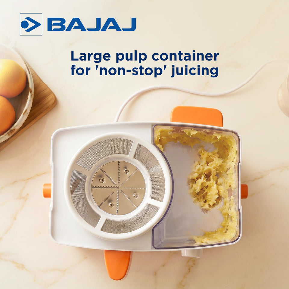 Top view of Bajaj Neo JX4 juicer showing the juicing filter and large pulp container
