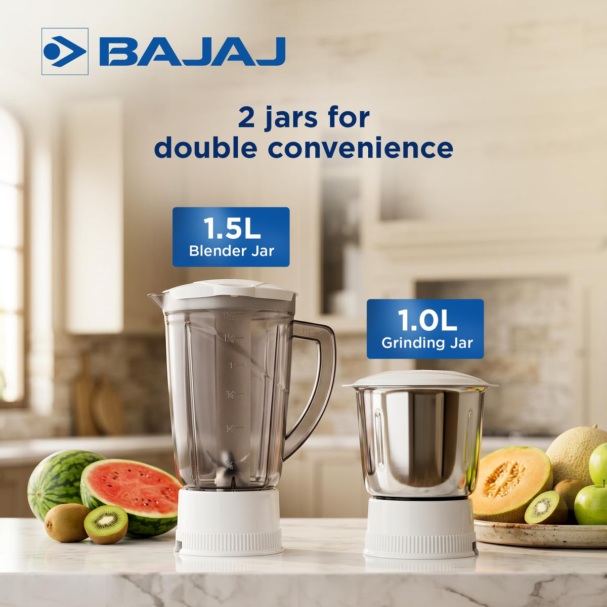 Bajaj Neo JX4 1.5 L blender jar and 1.0 L stainless steel grinding jar shown as displayed with fruit