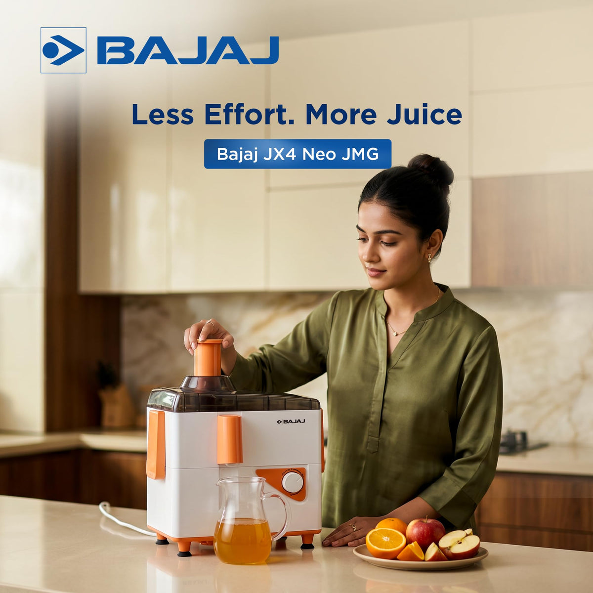 Bajaj Neo JX4 juicer mixer grinder on a kitchen counter with a jug of fresh juice and fruit