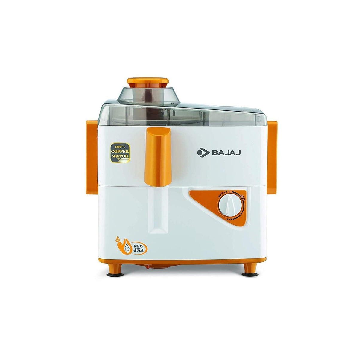 Bajaj Neo JX4 white and orange juicer mixer grinder, front view with speed dial and 100% copper motor badge
