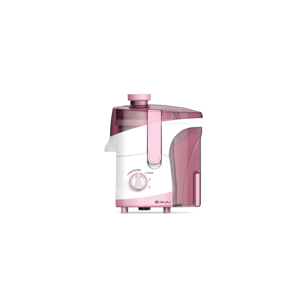 Bajaj JX 20 juicer mixer grinder in pink and white with speed dial and pulp container, front view