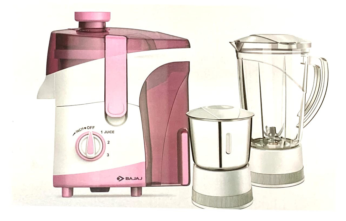 Bajaj JX 30 juicer mixer grinder with the 1.5 L blender jar and stainless steel grinding jar beside the juicer
