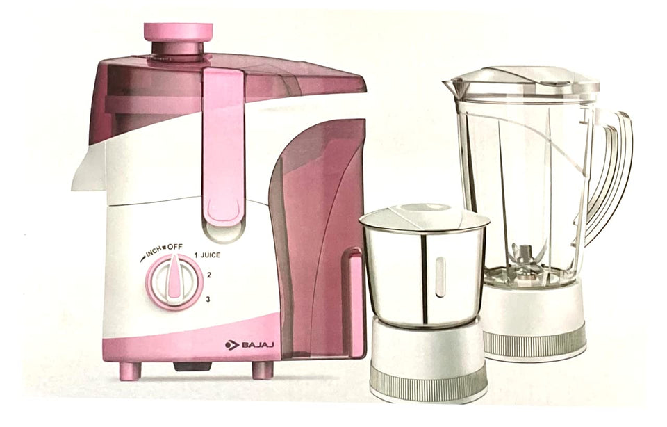 Bajaj JX 30 juicer mixer grinder with the 1.5 L blender jar and stainless steel grinding jar beside the juicer