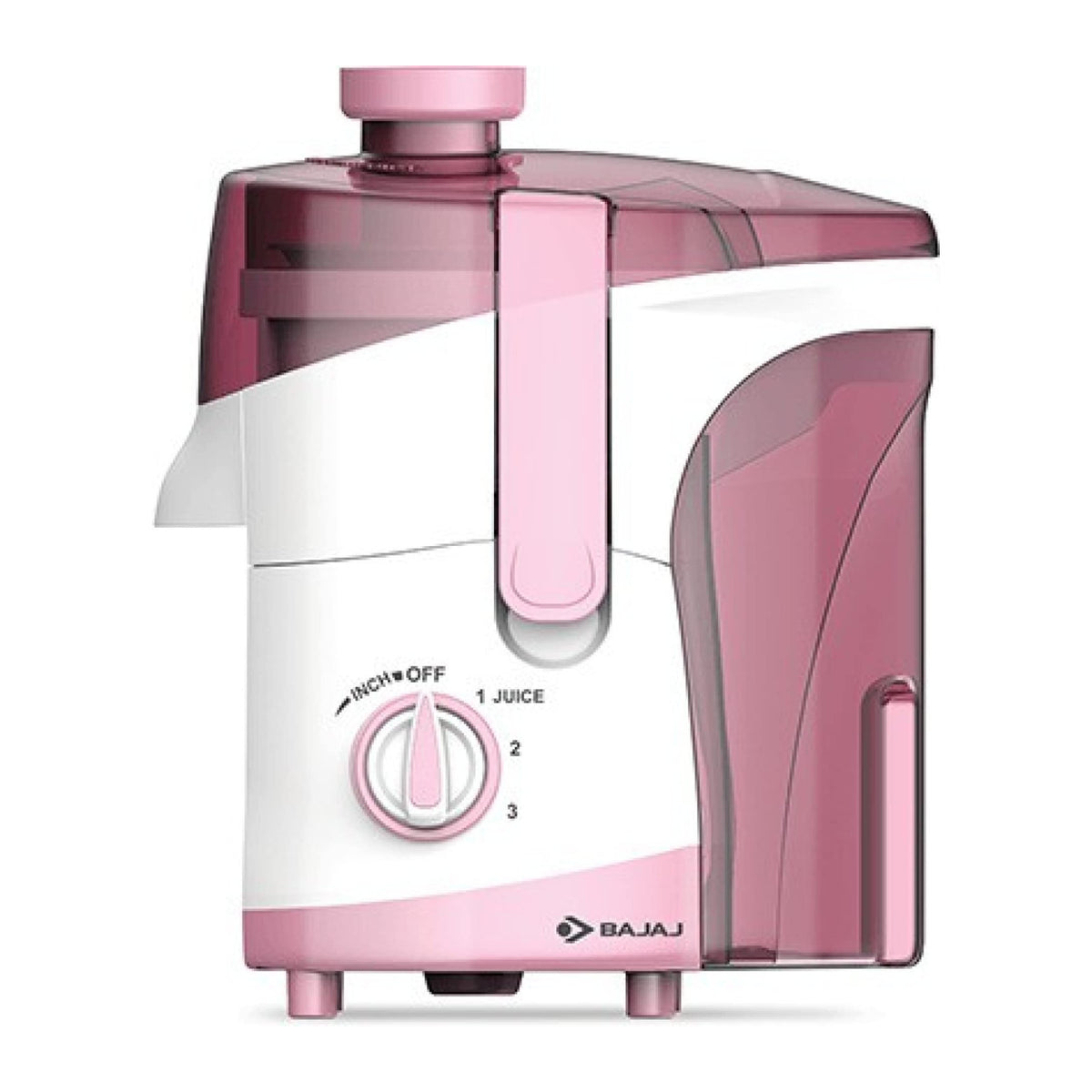 Bajaj JX 30 juicer mixer grinder base in pink and white with juicer top, pulp container and speed knob
