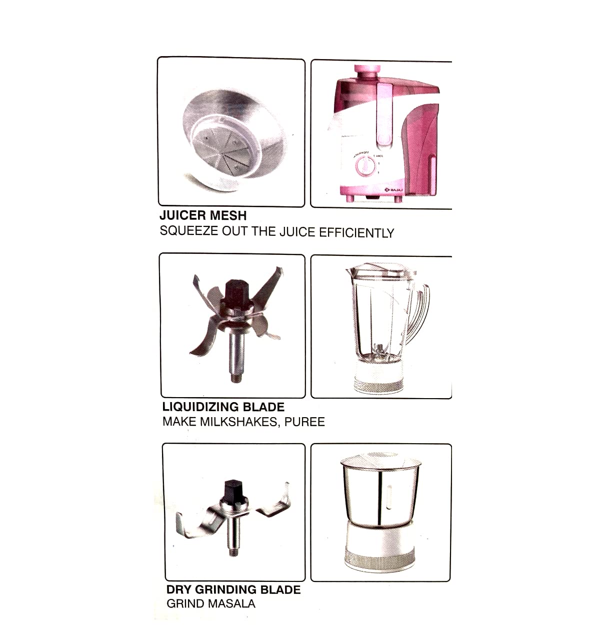 Bajaj JX 30 juicer mesh, liquidizing blade and dry grinding blade with matching juicer, blender jar and grinding jar