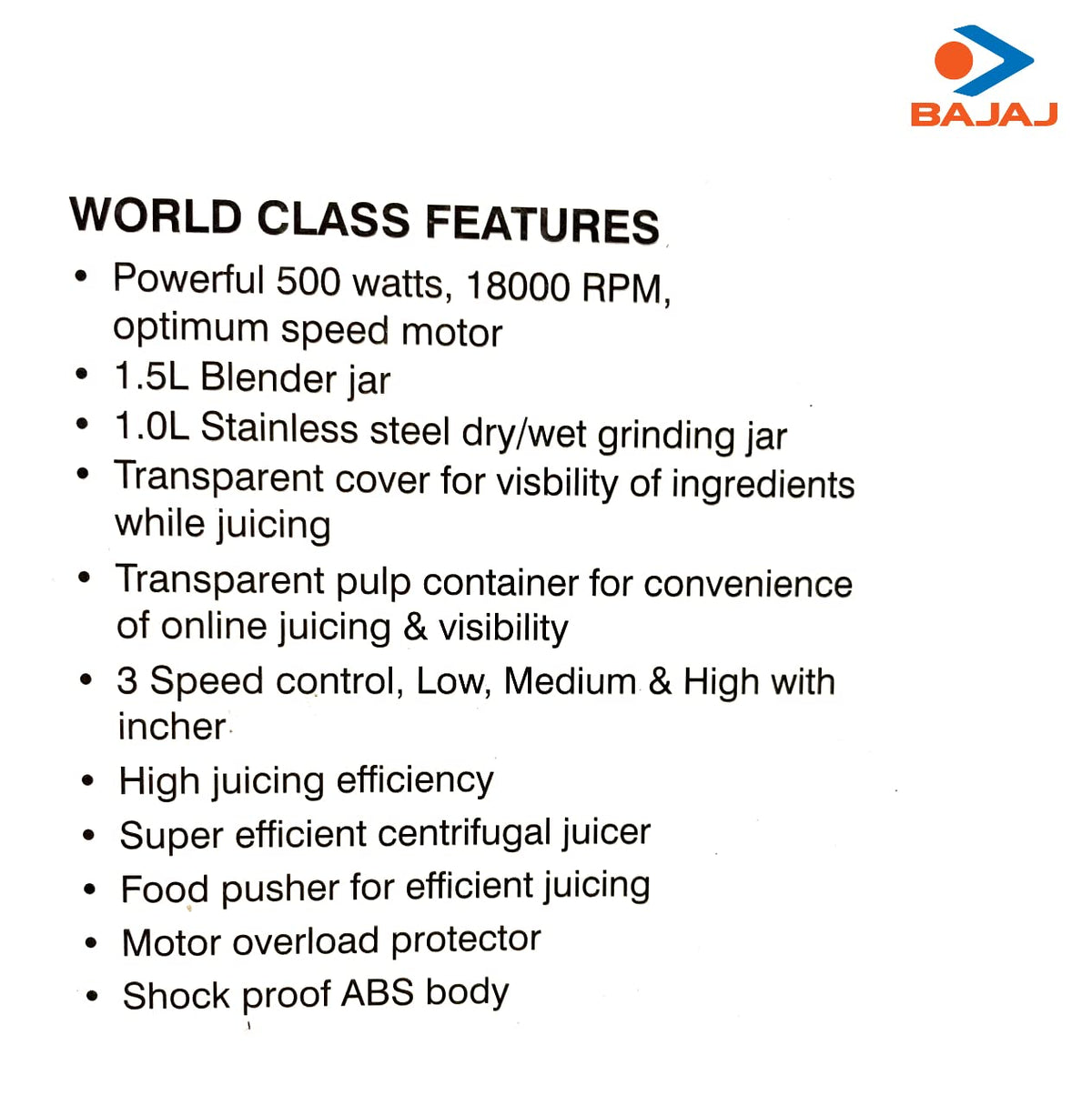 Bajaj JX 30 features list showing 500 W motor, 18000 RPM, jar sizes and 3 speed control