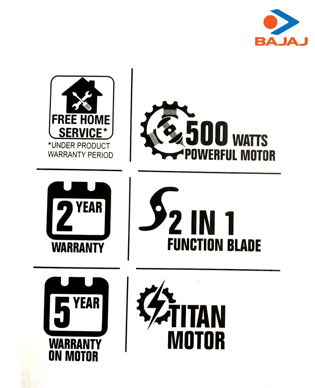 Bajaj JX 30 icons for 500 W motor, 2 year warranty, 5 year motor warranty, 2-in-1 blade and Titan motor