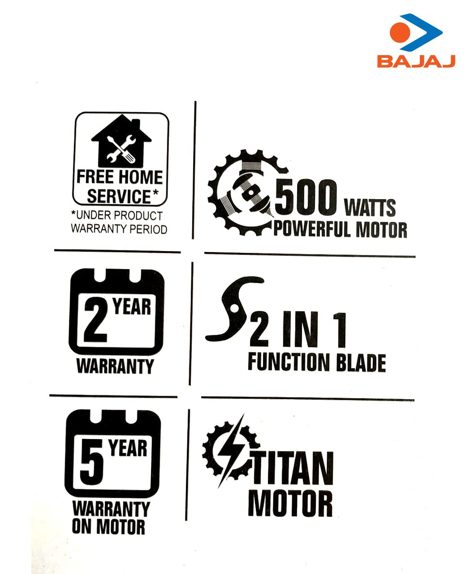 Bajaj JX 30 icons for 500 W motor, 2 year warranty, 5 year motor warranty, 2-in-1 blade and Titan motor