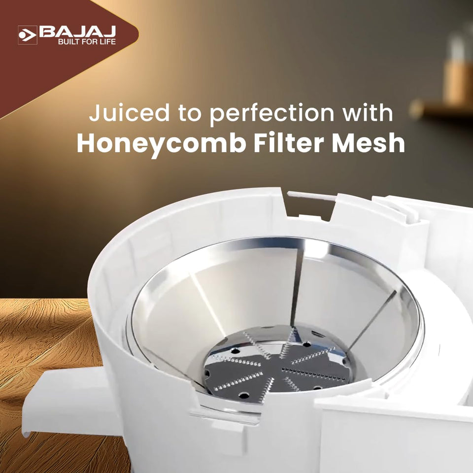 Bajaj 410703 PowerBlend juicer assembly showing the stainless steel honeycomb filter mesh