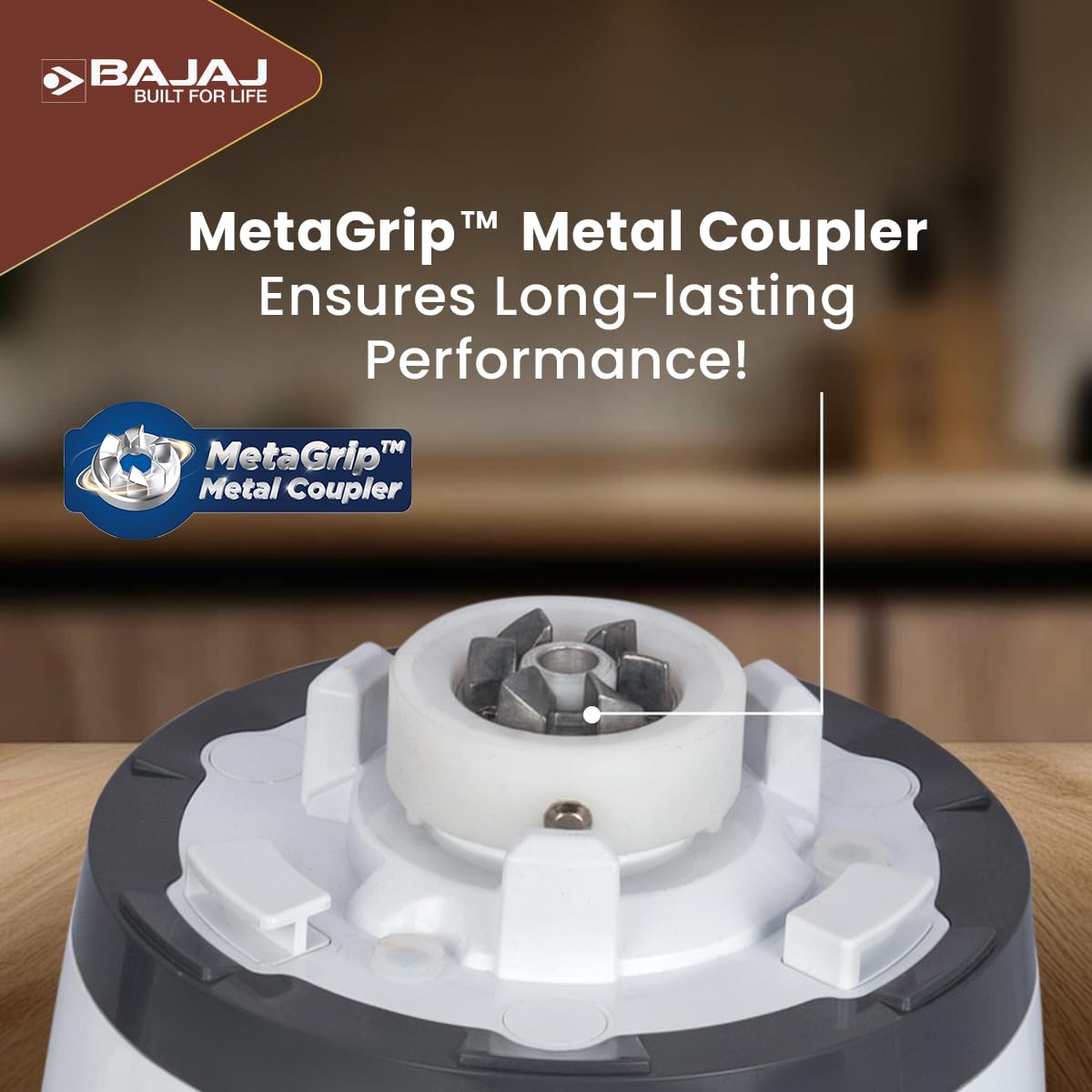 Bajaj 410703 PowerBlend motor base close-up showing the MetaGrip metal coupler