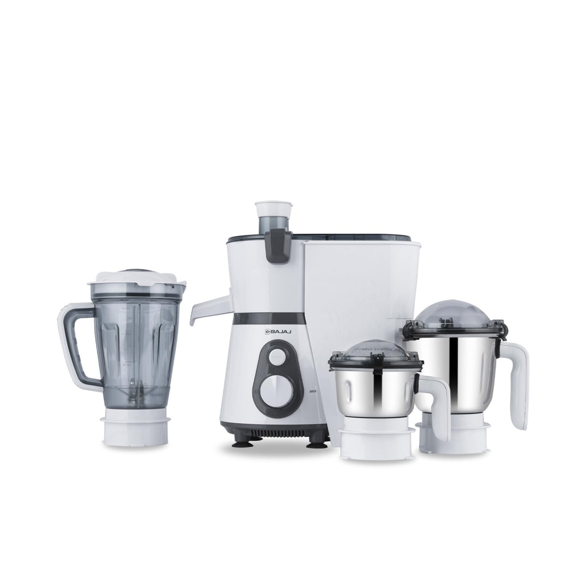 Bajaj 410703 Ninja Series PowerBlend 1000W juicer mixer grinder in white and grey with juicer base, blender jar and two steel jars