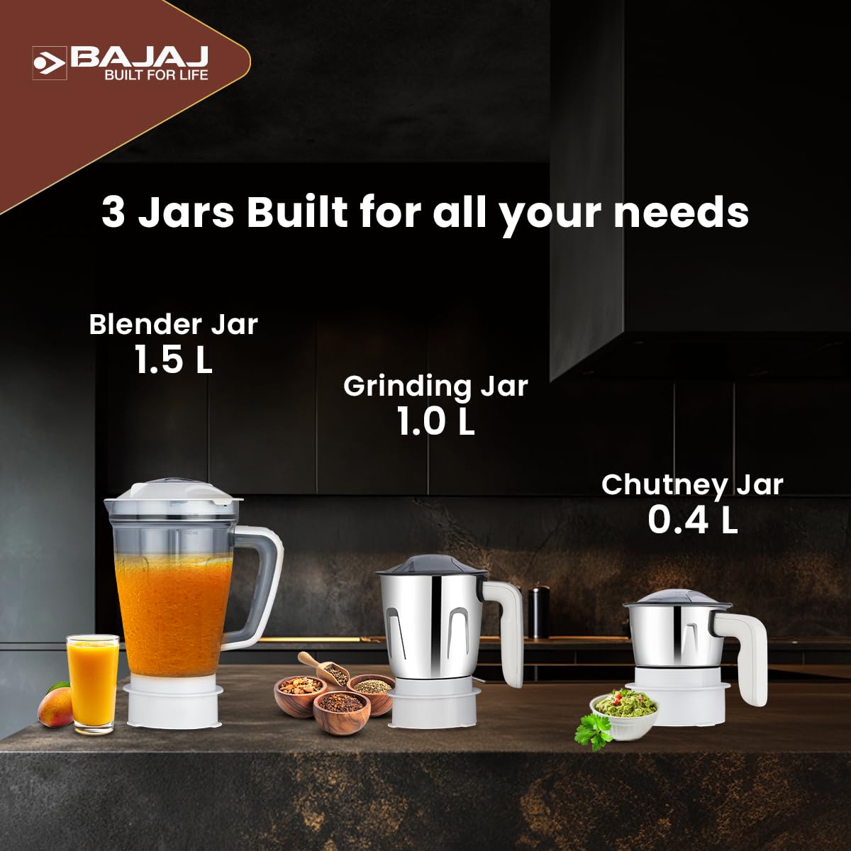 Bajaj 410703 PowerBlend three jars: 1.5 L blender jar, 1.0 L grinding jar and 0.4 L chutney jar