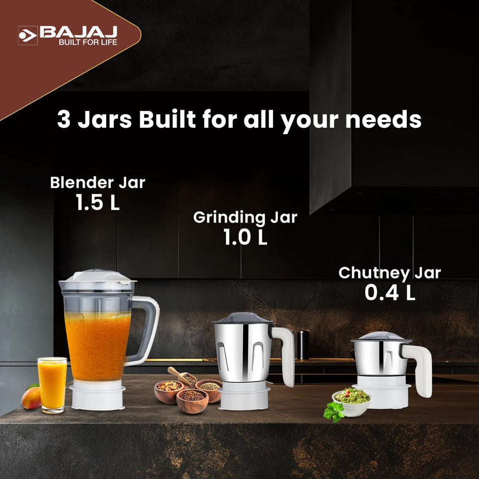 Bajaj 410703 PowerBlend three jars: 1.5 L blender jar, 1.0 L grinding jar and 0.4 L chutney jar