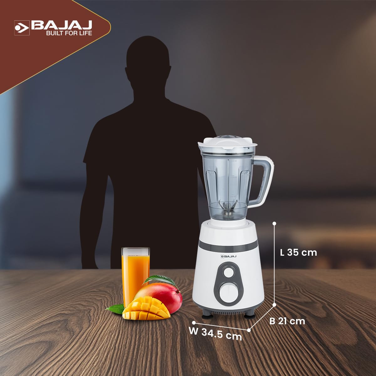 Bajaj 410703 PowerBlend with blender jar on the base, showing dimensions of 35 cm length, 21 cm breadth and 34.5 cm width