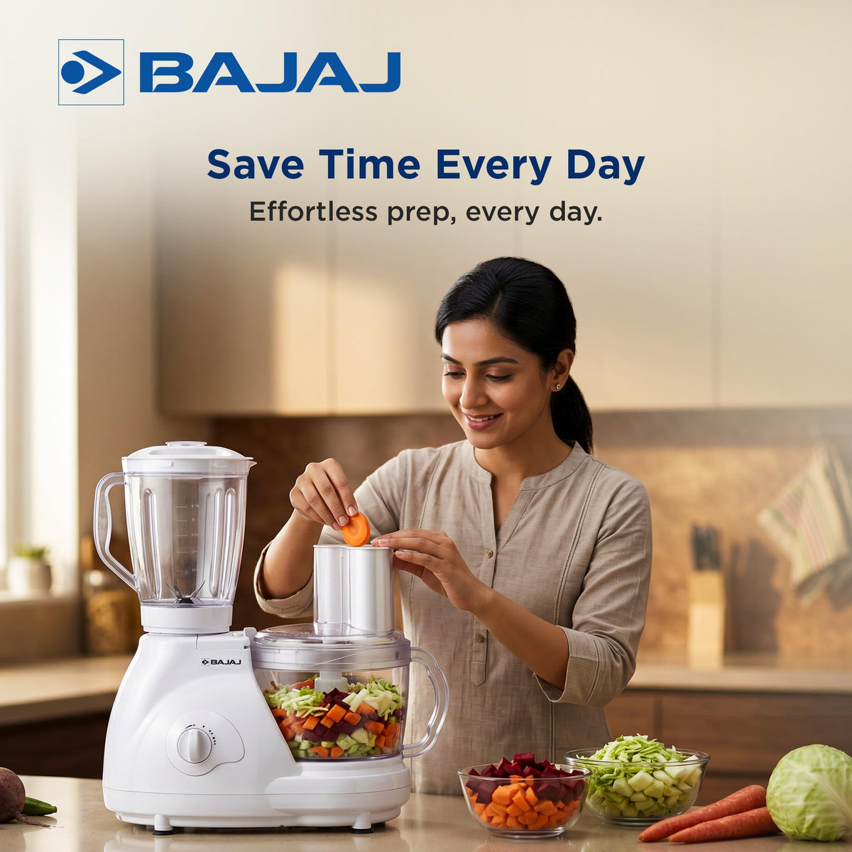 Bajaj FX 11 food processor with processing bowl being filled with carrot while chopped vegetables are ready