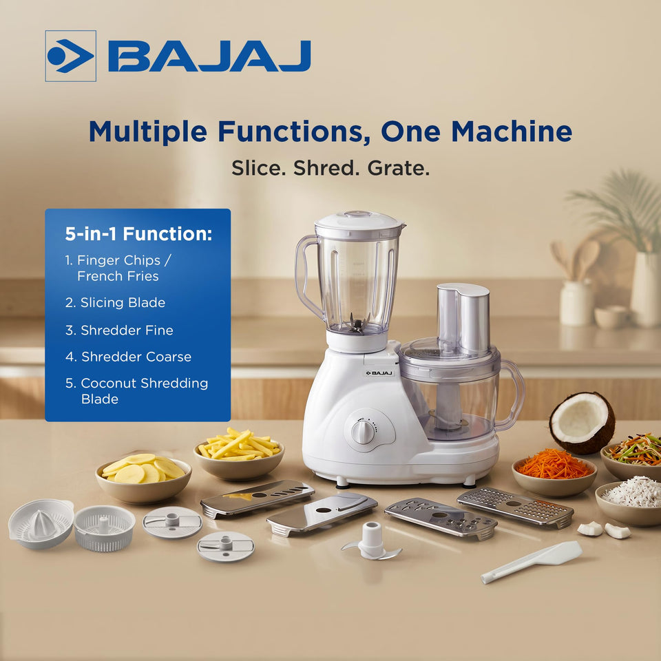 Bajaj FX 11 food processor with slicing, shredding and grating blades and juicer attachment laid out