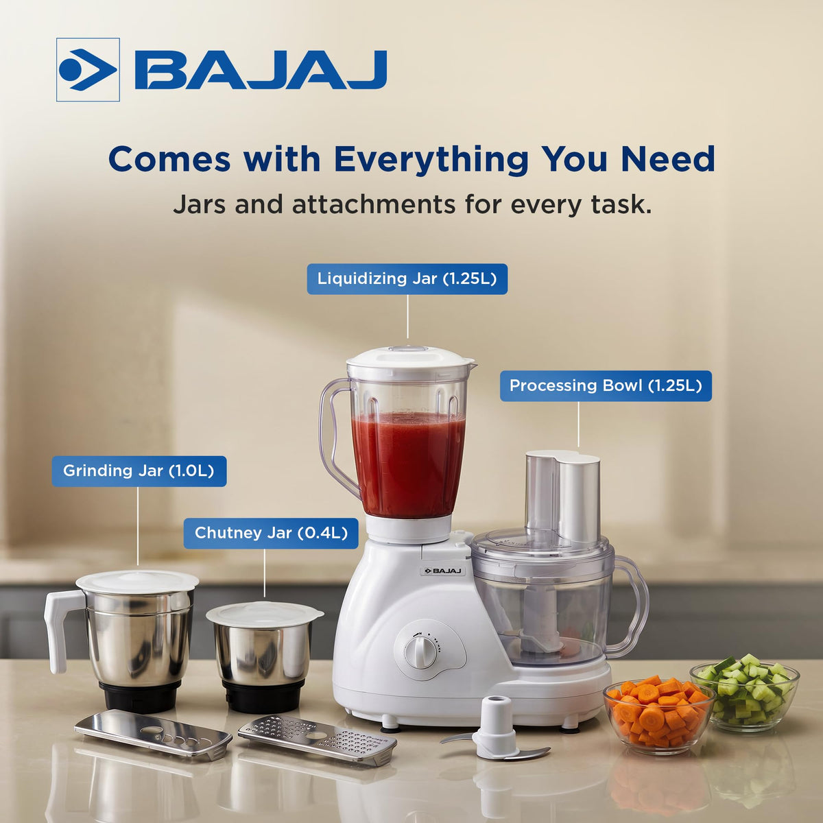 Bajaj FX 11 food processor with liquidizing jar, processing bowl, grinding jar and chutney jar labelled