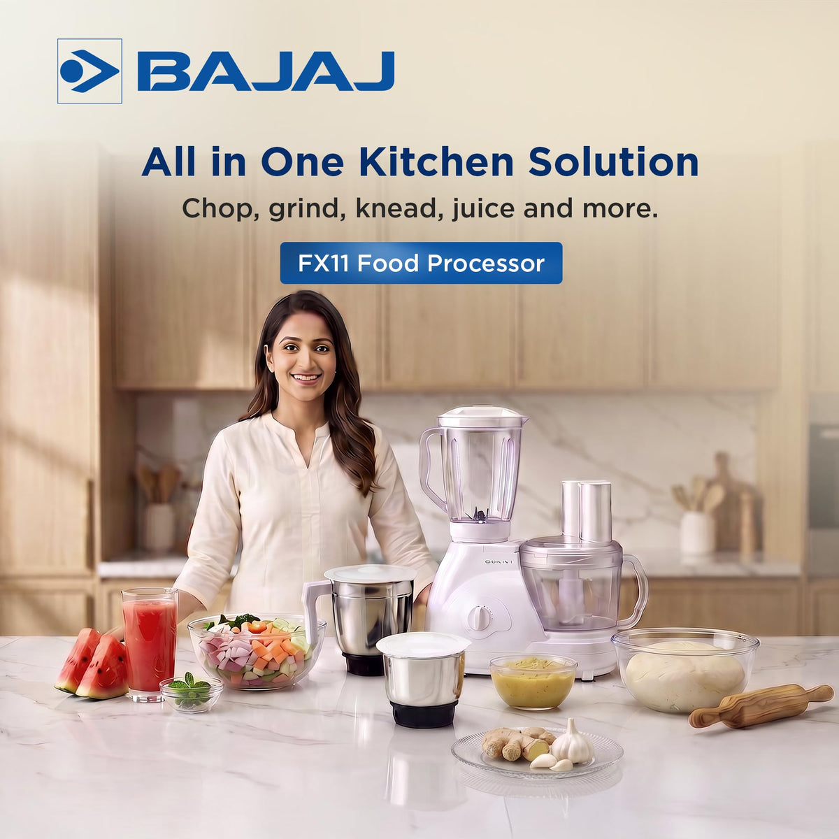 Bajaj FX 11 Food Factory food processor in a kitchen with jars, chopped vegetables, juice and dough