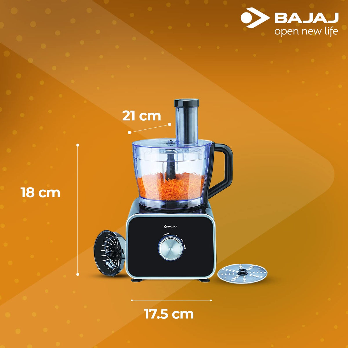Bajaj FX-1000 Dlx food processor with dimension markings of 21 cm, 18 cm and 17.5 cm
