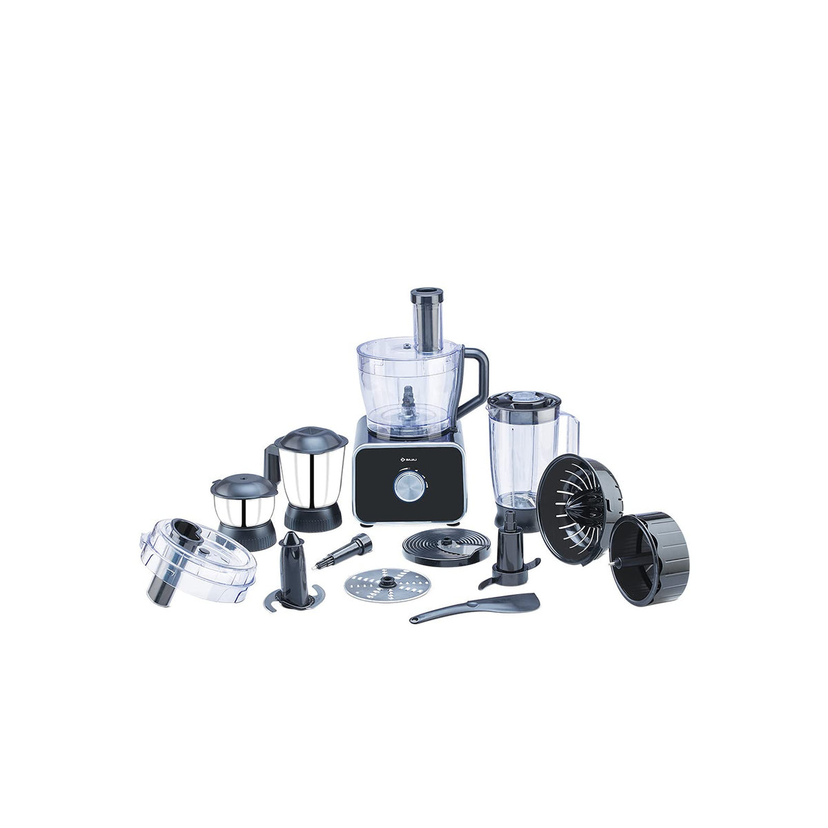 Bajaj FX-1000 Dlx food processor in black with bowl, three jars, juicers, blades and spatula laid out