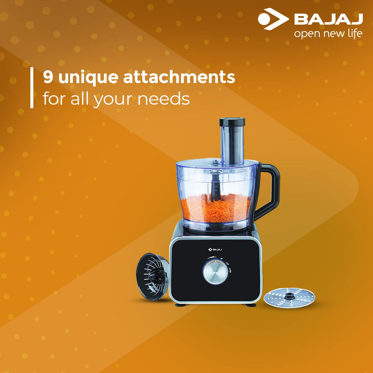 Bajaj FX-1000 Dlx food processor with shredded carrot, citrus juicer and shredding disc, with a 9 unique attachments callout