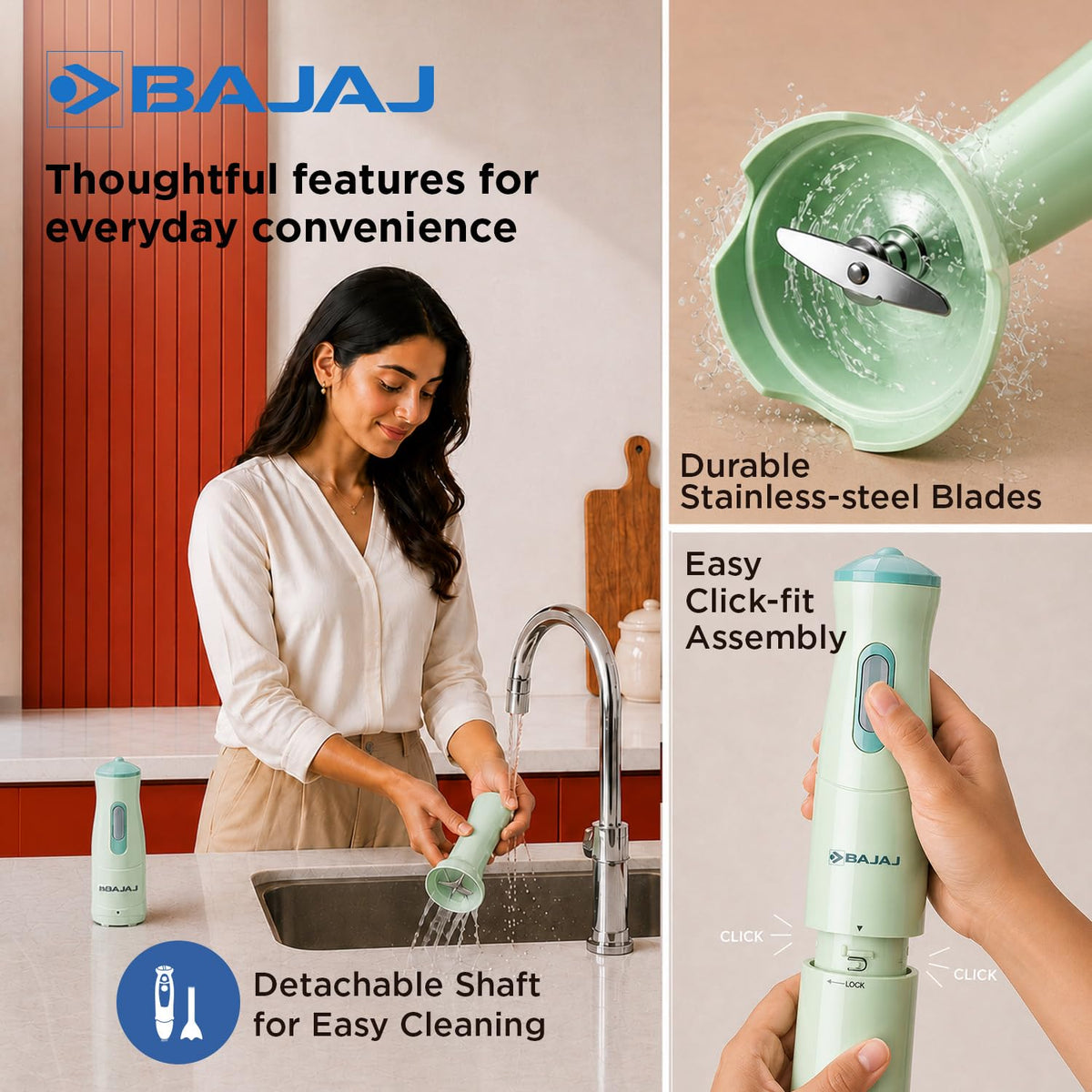 Bajaj HB 20 hand blender showing detachable shaft, stainless-steel blades and click-fit assembly