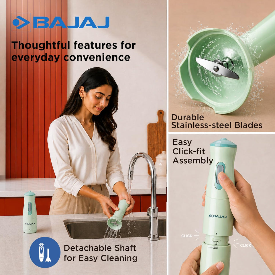Bajaj HB 20 hand blender showing detachable shaft, stainless-steel blades and click-fit assembly
