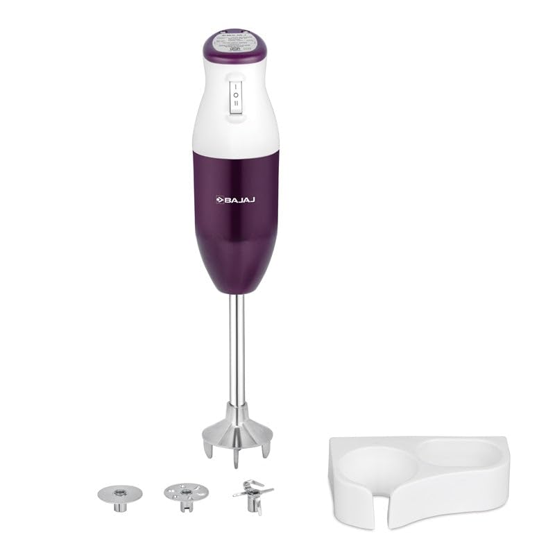 Bajaj HB 23 purple and white hand blender with blending rod, whisk disc, chopper blade and a white holder