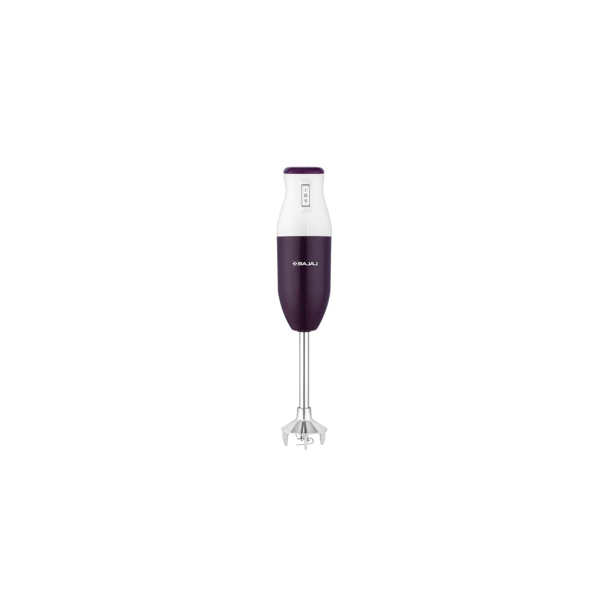 Bajaj HB 23 hand blender in purple and white with stainless steel blending rod and speed switch