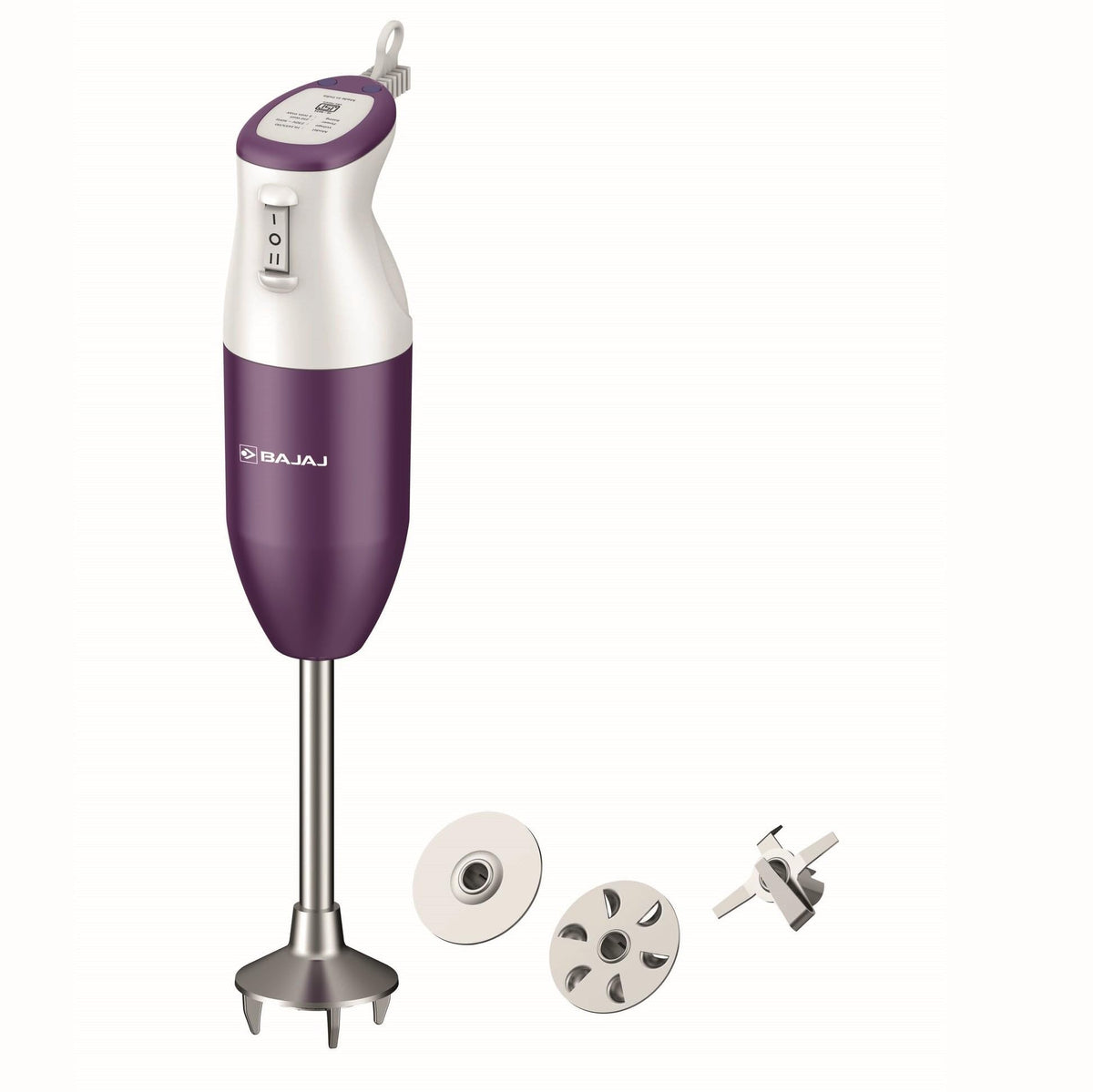 Bajaj HB 23 hand blender shown with its whisk plate, perforated disc and chopper blade attachments