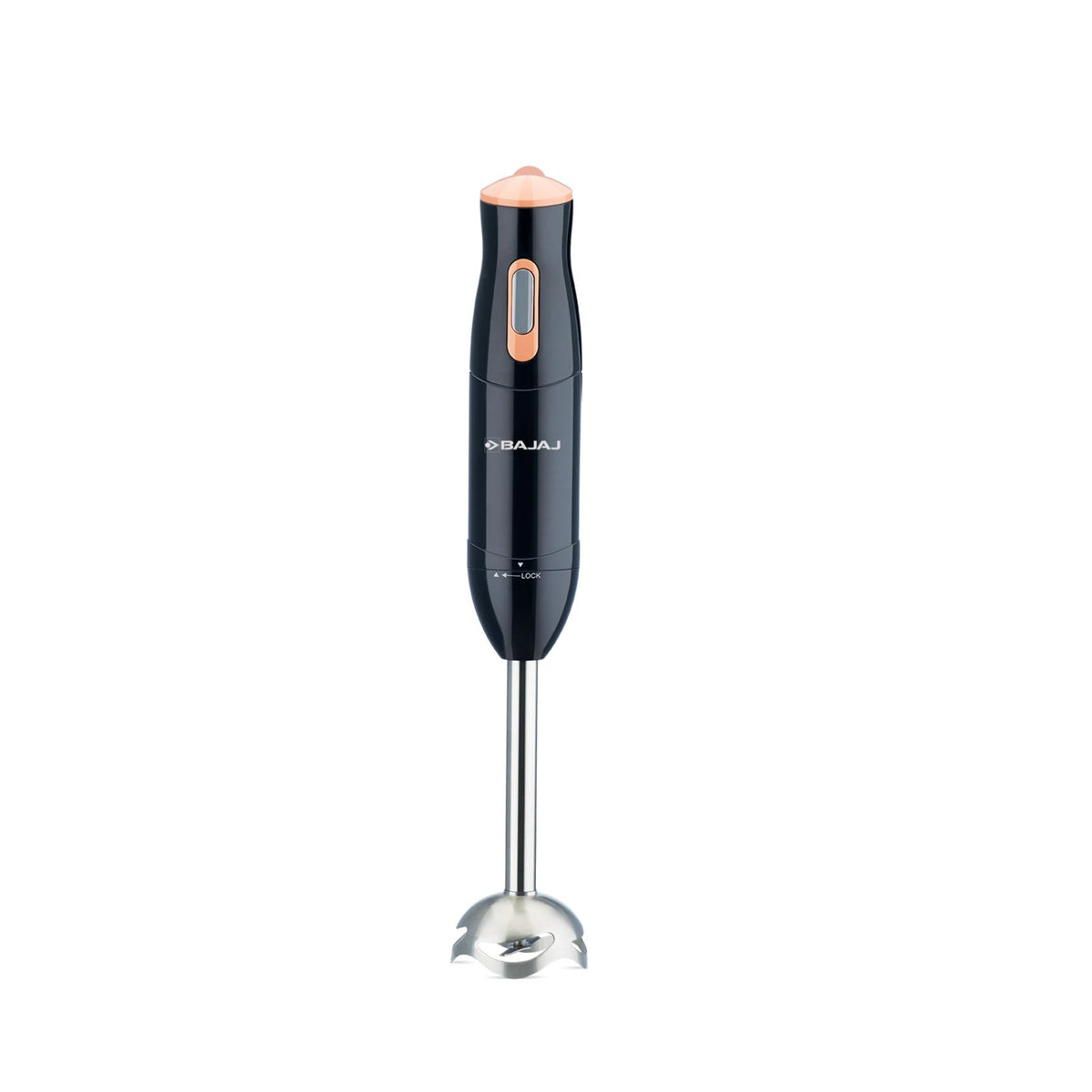 Bajaj HB 21 Silent 300 W hand blender in black and peach with steel stem and blade guard on a white background