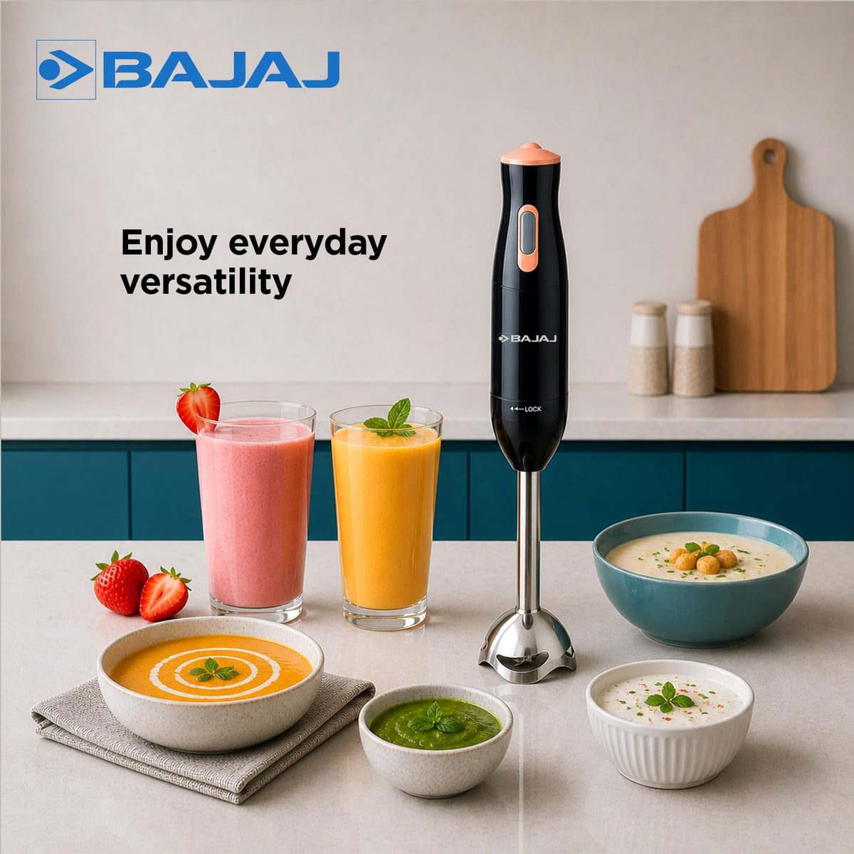 Bajaj HB 21 hand blender surrounded by smoothies, soups, a green chutney and a curd dip in bowls
