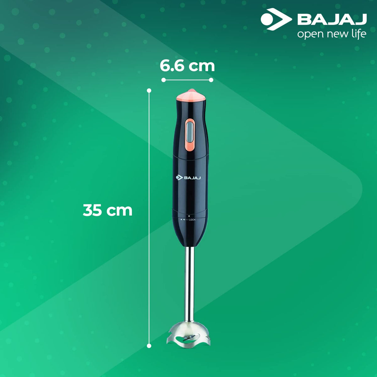 Bajaj HB 21 hand blender on a green background with measurements marked beside it