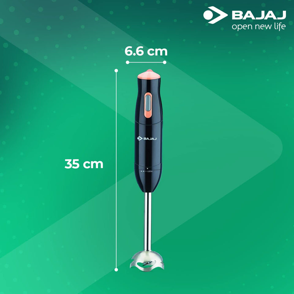 Bajaj HB 21 hand blender on a green background with measurements marked beside it