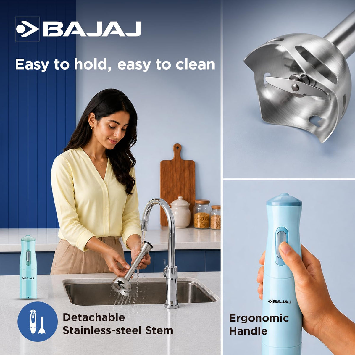 Bajaj HB 22 detachable stem being rinsed under a tap, with close-ups of the blade and the ergonomic handle