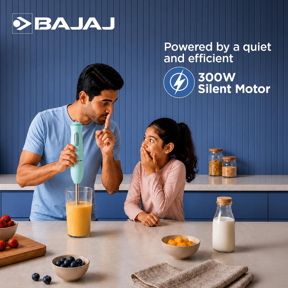 Man using the Bajaj HB 22 hand blender in a glass of juice, with a 300W Silent Motor callout