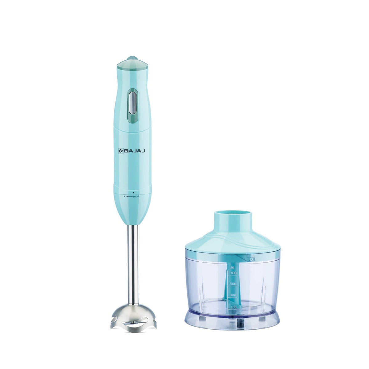 Bajaj HB 22 hand blender with detachable stem and chopping bowl shown side by side on a white background