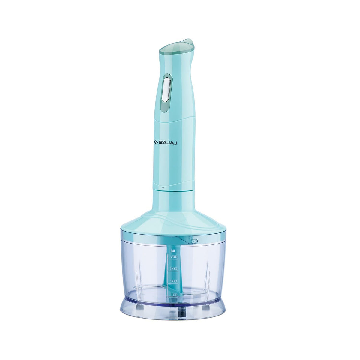Bajaj HB 22 hand blender motor unit fitted on the chopping bowl, which has a 700 ml graduated scale