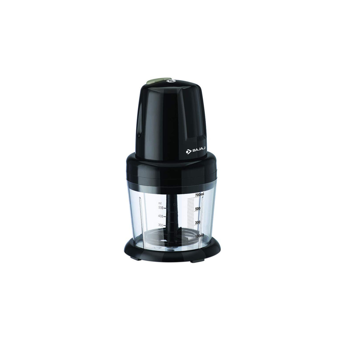 Bajaj Chop Pro 800 ml electric chopper in black on a white background, showing the motor unit, clear bowl with ml markings and base